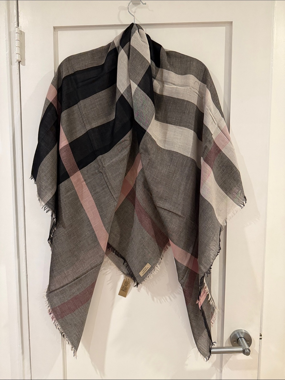 NWOT. Burberry Black Gray Check Modal Wool Square Scarf - Picture 2 of 13